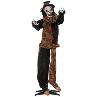 Outsunny Animatronic Clown Prop with Light Up Eyes Halloween Decoration-Clown wearing orange and black striped clothing 