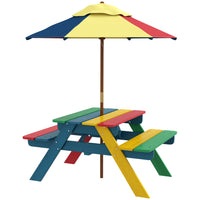 Outsunny Kids Picnic Table Bench Set with Removable Umbrella for Backyard - Multicoloured-Includes a picnic table, two benches and an umbrella
