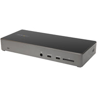 Startech 100W Triple 4K Monitor USB Type-C Docking Station - Black/Space Grey-HIGH PERFORMANCE USB-C DOCK: USB-C docking station for Windows/Chrome OS, featuring up to three 4K video outputs (2x DisplayPort 1.4 & 1x HDMI 2.0), 100W PD, 6 port USB Hub (10Gbps), SD 3.0 UHS-I Card Reader, Gigabit Ethernet, and headset port