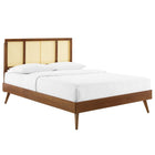 Modway Kelsea Cane and Wood Full Platform Bed with Splayed Legs - Walnut-Rubberwood Legs