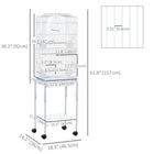 PawHut 62" H Rolling Bird Cage with Accessories, Detachable Stand and Storage - White-Includes three wooden perches, a swing, and four plastic cups for food and water 