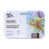 Mont Marte Metallic Watercolour Paint 21-Piece Set in Tin - Metallic-18 metallic watercolour paints create reflective effects that show up on both white and black paper