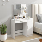 HOMCOM Vanity Desk with Mirror and Shelves - 35.4" L x 15" W x 54.3" H - White-Comes with a door cabinet, a handy drawer, three open storage shelves and an open compartment 