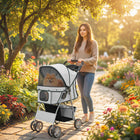 PawHut Foldable Pet Stroller with Removable Washable Pad and Storage Basket - Grey-Three mesh windows offer great views and keep your pet cool 