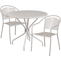 35.25'' Round Light Grey Indoor-Outdoor Steel Patio Table Set with 2 Round Back Chairs [CO-35RD-03CHR2-SIL-GG]-Set Includes Table and 2 Chairs