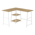 Monarch Specialties 7597 48" Computer Desk - Natural Top/White Metal Corner-Industrial-style computer desk with 2 fixed, open shelves supported by sawhorse-style legs in metal