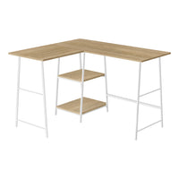 Monarch Specialties 7597 48" Computer Desk - Natural Top/White Metal Corner-Industrial-style computer desk with 2 fixed, open shelves supported by sawhorse-style legs in metal