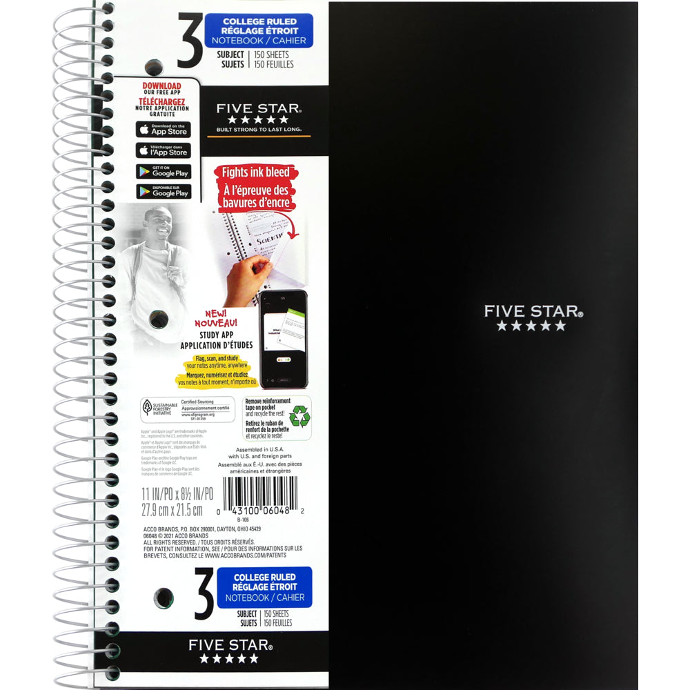 Five Star 3-Subject Premium Notebook With Perforated Pages - 11" x 8-1/2" - Assorted Colours - 150 Sheets