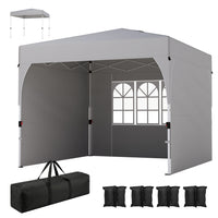 Outsunny 9.6 ft W x 9.6 ft L Pop Up Canopy Tent with 3 Sidewalls - 1-Button Push - Light Grey-210D Oxford fabric with silver coating for UPF50+ sun protection