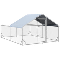 PawHut Metal Chicken Coop with Anti-Ultraviolet Cover - 13.1' x 9.8' x 6.4' - Silver-Shady roof keeps pets cool, dry, comfortable, and protected from the rain and UV rays 