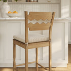 Modway Jax Oak Wood Bar Stool With Wavy Razor Back and Cushion - Weathered Oak Oatmeal Stripe-Non-Marking Foot Pads