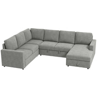 HOMCOM U-Shaped Pull Out Sleeper Sofa Bed with Chaise Storage - Grey-Easily switches between U-shaped sofa and guest bed