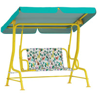 Qaba Kids 2-Seater Patio Swing Bench with Safety Belts and Adjustable Canopy - Jungle Animal - Green-Robust steel A-frame with non-slip feet provides superior stability 
