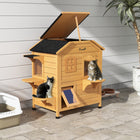 PawHut - Maison pour chat d’extérieur à 2 étages en bois pour chats errants, jaune-Le bois massif est robuste et durable 