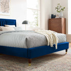 Modway Sofia Channel Tufted Performance Velvet Queen Platform Bed with Wood Legs and Gold Metal Sleeves - Navy-Wood Slat Support System