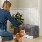 PawHut Cat Litter Box with Front Enter & Top Exit Tray - Grey-Top with holes for reducing litter spillage 
