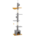 PawHut 90.5" - 108" Floor-To-Ceiling Cat Tree - Light Grey-90.5"-108.3" (230-275cm) adjustable height maximizes vertical space usage 