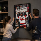 Frameworth Seth Jarvis 20" H x 29" W Framed Canvas Carolina Hurricanes 2026 Stanley Cup Champions Framed Canvas - Officially Licensed NHL/NHLPA-Product-type accurate build: Open-faced canvas presentation leaves the textured canvas surface visible without glass or acrylic glazing