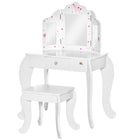 Qaba Kids Vanity Table with Tri-folding Mirror and Stool - Star & Heart Pattern - White-The 2 piece set includes a vanity makeup table and matching stool 