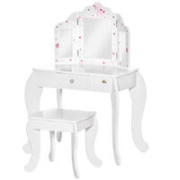 Qaba Kids Vanity Table with Tri-folding Mirror and Stool - Star & Heart Pattern - White-The 2 piece set includes a vanity makeup table and matching stool 