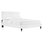 Modway Roxanne Performance Velvet Queen Platform Bed with Wood Legs and Gold Metal Sleeves - White-Assembly Required