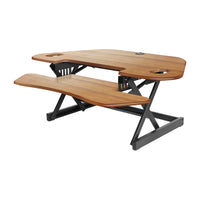 Rocelco 46" Corner Adjustable Height Desk Riser with Enhanced Vertical Range, Teak-Deluxe gas shock easily raises and lowers up to 60LBS, sturdy black metal frame