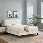 Modway Leah Chevron Tufted Performance Velvet Full Platform Bed with Tapered Black Wood Legs - White-Stain-Resistant Performance Velvet