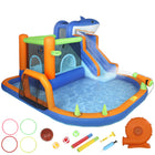 Qaba 8 in 1 Bouncy Castle for Kids, Sharks Theme with Slide, Pool (Ball Pit) - Blue-Inflates in just 1 minute with a powerful 450W blower