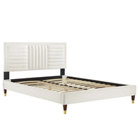Modway Sofia Channel Tufted Performance Velvet Full Platform Bed with Wood Legs and Gold Metal Sleeves - White-Full Platform Bed