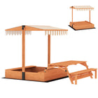 Qaba Kids Wooden Sandbox with Canopy, Foldable Picnic Table - Khaki-Benches easily fold into a picnic table for snacks, crafts and more