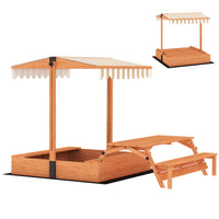 Qaba Kids Wooden Sandbox with Canopy, Foldable Picnic Table - Khaki-Benches easily fold into a picnic table for snacks, crafts and more