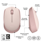 Logitech M170 Wireless Mouse for PC, Mac, Laptop, 2.4 GHz with USB Mini Receiver - Rose-Plastic parts in M170 include certified post consumer recycled plastic (minimum 59% for Black, Blue/Black, Red/Black, Black/Grey, Grey/Black, Off-white and 38% for Rose and Blue grey 
