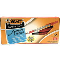 BIC Ultra Round Stic Grip Ballpoint Pens - 1.2mm - Red - 12 Pack-Rubber grip with ringed finger grooves for a nonslip comfort grip