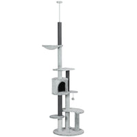 PawHut 89" - 100 Floor-To-Ceiling Cat Tree with Anti-tip Kit - Grey-Multiple levels satisfy your cat's climbing and exploring instincts 