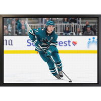 Frameworth Macklin Celebrini San Jose Sharks Action - Framed Canvas - 31.5" x 22.5"-Officially licensed by the NHL and NHLPA featuring Macklin Celebrini - the 1st overall pick of the 2024 NHL Draft and one of the youngest number one picks in NHL history