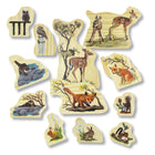Yellow Door Woodland Animal Families Wooden Characters 12-Piece Set-One side of each piece depicts a male/female adult, with each reverse showing a related baby in a different pose, enabling children to sort and compare the animals based on their attributes.