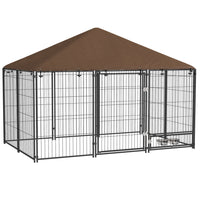 PawHut Outdoor Dog Kennel with Canopy and Rotating Bowls - 6.9' x 4.6' x 5' - Coffee-Roofing offers comfort in heat and protection in rain 