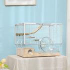 PawHut Hamsters and Gerbils Cage - White-Includes a running wheel, wooden hut, bathroom, ramp, food bowl, and platforms