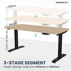 MotionGrey Electric Dual Motor Height Adjustable 140" W Sit-to-Stand Desk - Black Frame-Up to 120kg - Our Motion Standing Frame has been reinforced with thickened steel tubing throughout the desk and reinforced base plates for the footers. This provides a sturdy and durable platform even when the desk is raised to the highest setting