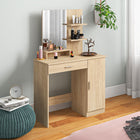 HOMCOM Vanity Desk with Mirror - 35.4" L x 15" W x 54.3" H - Natural Wood-Comes with a door cabinet, a handy drawer, three open storage shelves and an open compartment 