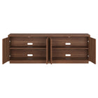 Hudson&Canal Hanson TV Stand for TV's up to 75" - Satin Walnut-Clean with a soft, dry cloth and no harsh chemicals or abrasive cleaning materials