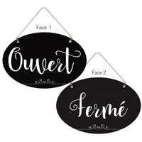Cosco Open/Closed Hanging Sign with Chain - 8" x 12" - Black & White - Indoor - French Text-This open and closed sign features French text to clearly communicate business status to French-speaking customers