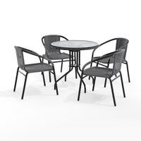 Flash Furniture 28" Round Glass Metal Table with Grey Rattan Edging & 4 Grey Rattan Stack Chairs-Table and Chair Set