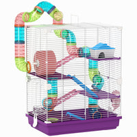 PawHut 23" H 5-Tier Hamster Cage with Exercise Wheels, Play Tube, Water Bottle and Dishes - Purple-5 tier design offers ample space for your pet to exercise, relax, and explore 