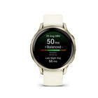 Garmin Venu 4 Smartwatch - 41 mm - Lunar Gold with Bone Silicone Band-Advanced sleep tracking (improved): Get a sleep score and personalized coaching for how much sleep you need and how you can improve. Even keep track of different sleep stages and naps — and see key metrics, such as HRV status and skin temperature, to better understand your health. Plus, with the sleep alignment feature, see how aligned you are to your circadian rhythm and see your sleep consistency