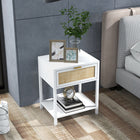 HOMCOM Bedside Table with Drawer, Open Shelf and Rattan Element - White-Features top drawer and bottom open space for storage