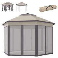 Outsunny 13 ft W x 13 ft L Pop Up Canopy Tent for Outdoor - Coffee and Beige-Hexagon gazebo canopy with 6 mesh sidewalls make a fantastic addition to your patio, deck or garden