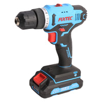 Fixtec 20V Cordless Drill with Battery and Charger-Comes with a durable plastic case for easy storage and transport, including a 20V cordless drill, one 1500mAh Li-ion battery, a charger, and two 50mm double-ended bits.