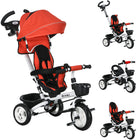 Qaba 6-in-1 Toddler Tricycle with Parent Push Handle and Cupholder - Red-6-in-1 Trick offers multiple riding options: stroller, steering trike, learning-to-ride trike, and classic trike 