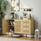 HOMCOM Rattan 47.2" L Sideboard Buffet Cabinet with Soft-Close Doors - Natural Wood-A wide tabletop offers the spot for keys, candles, or a vase of fresh flowers